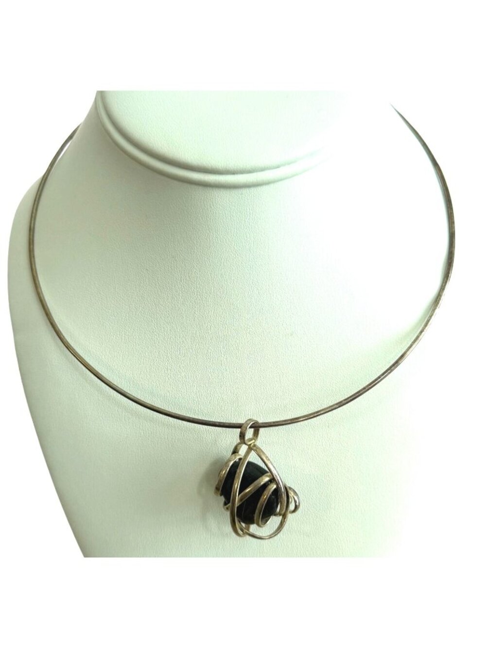 Vintage Artisan Collar Silver Wire Wrapped Brown Stone Pendant Necklace 18"